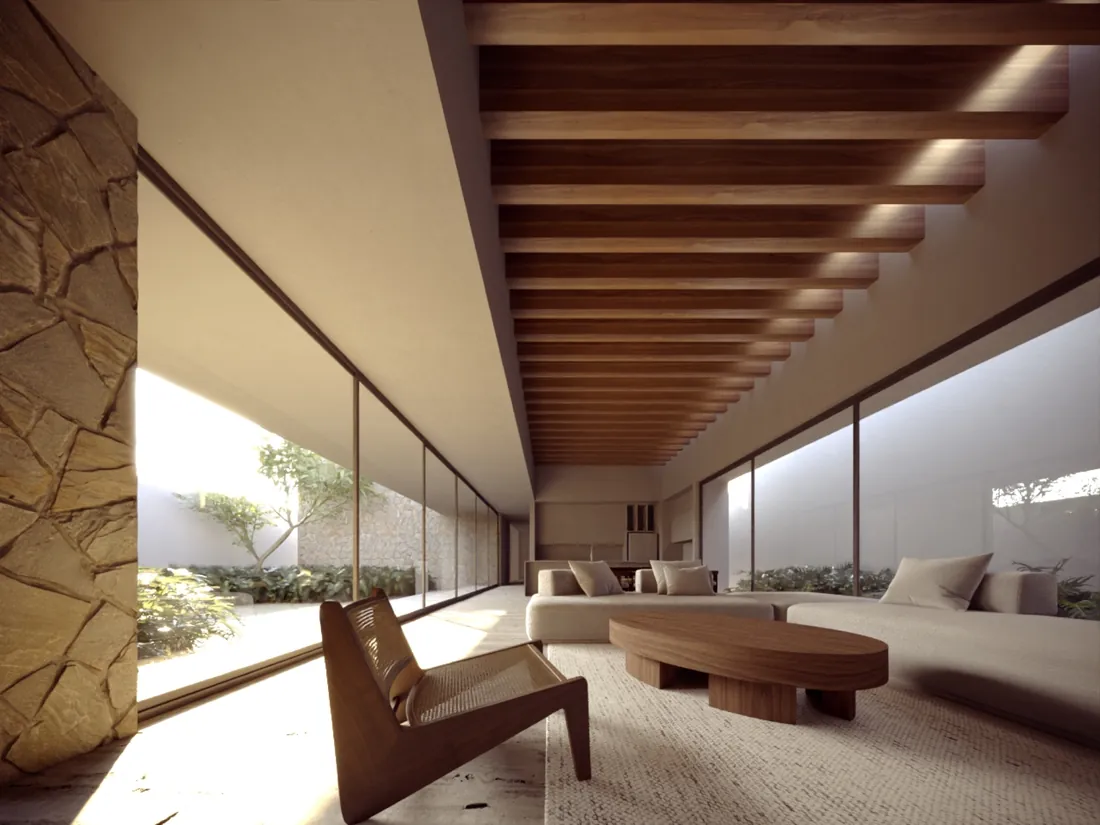 Interior con techo de madera abierto al jardín